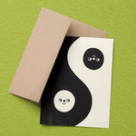 A risograph printed greeting card with kraft envelope, sits on a lime green background.